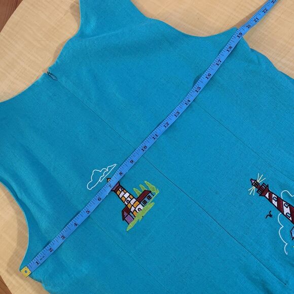 Vintage Dress Linen Embroidered 12 14 XL Lighthouses Nautical Marine Blue Teal - Picture 14 of 16